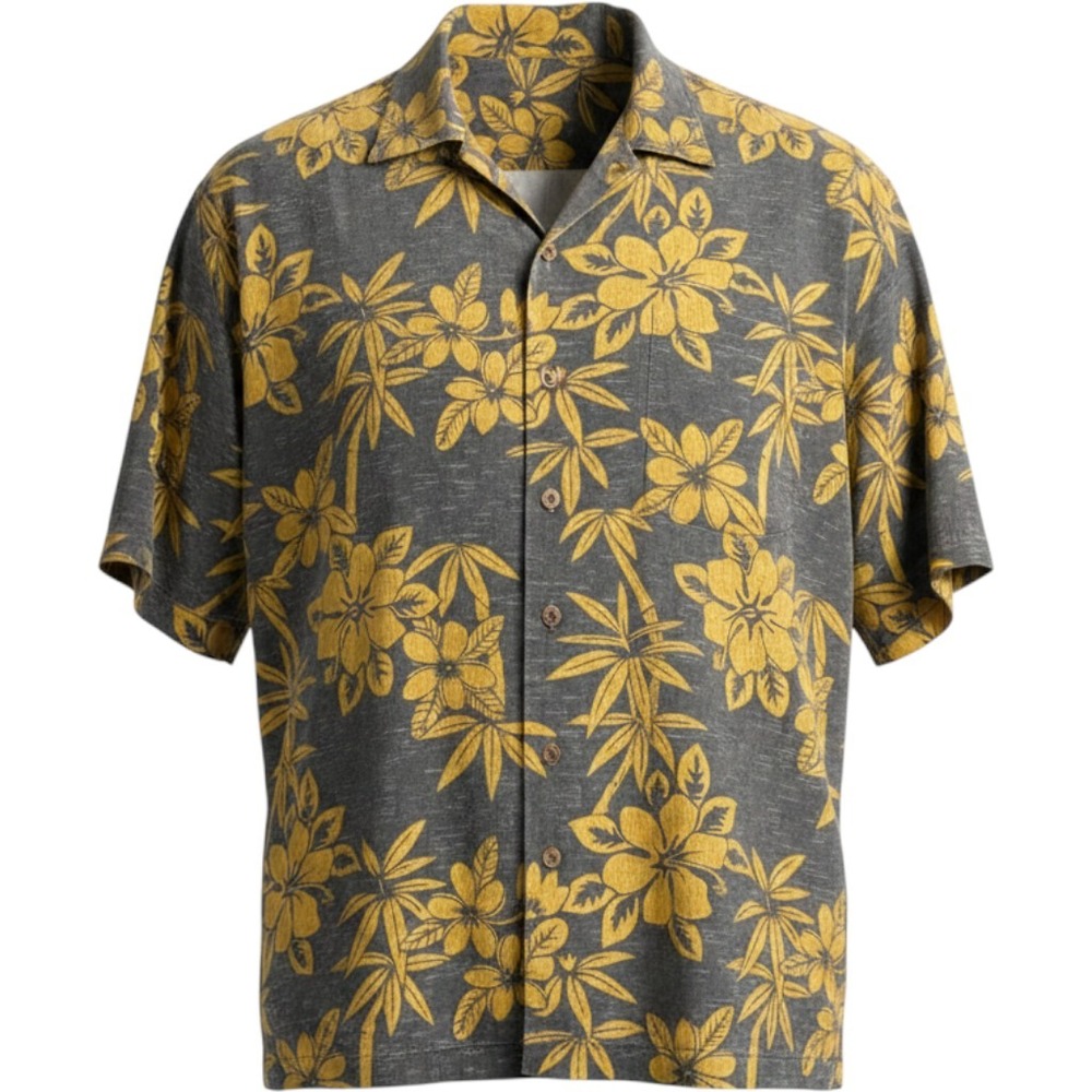 Tommy Bahama Silk Camp Shirt Mens XL Gray Yellow Floral Hibiscus Palm Resortwear